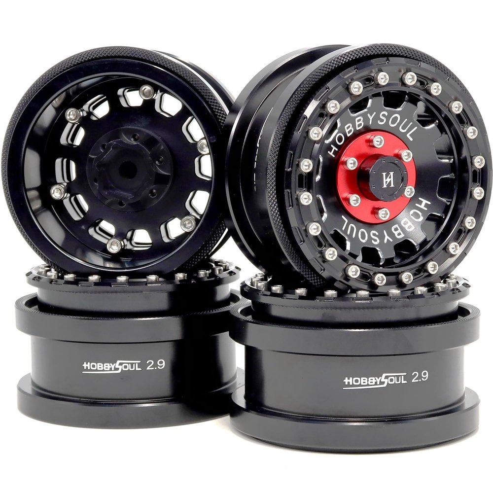 HOBBYSOUL -8mm Negative Offset 2.9 Beadlock Wheels Rims Black Color for 1/6 RC Mud Crawler Truck Axial SCX6 Trail Upgrade Parts, (4-Pack)