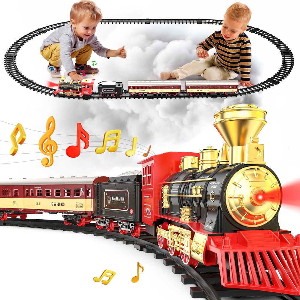 Hot Bee Christmas Train Set,Train Set for Toddlers 2-4,Christmas Train Sets for Around The Tree,Steam Locomotive with Lights,Sounds,and Spray,Easy Setup Train Toy,Perfect Train Set for Kids Ages 4-8