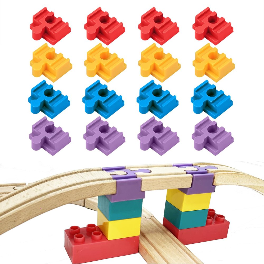 Bunu1492 Wooden Train Track Accessories, 16 pcs Wooden Track Connector, Compatible with All Major Brands Train Track, Christmas Birthday Gift for Boys Girls, Train Toys Expansion Pack for Kids Ages 3+