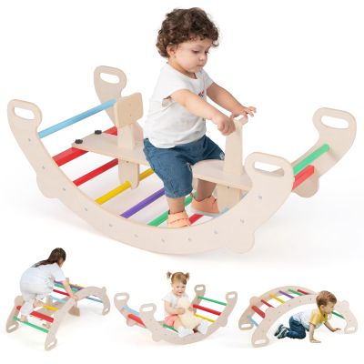 HONEY JOY Wooden Rocking Climbing Arch, 4-in-1 Montessori Kids Arch Rocker Climber Ladder for Rocking Horse, Children Indoor Outdoor Gym Learning Playset, Playground Climbing Toys for Toddlers Gift