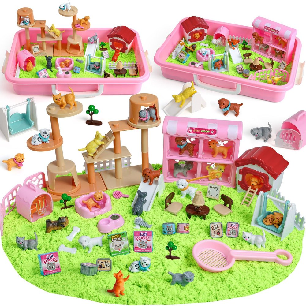 KNASON Cat and Dog Sensory Bin,Play Sand Kit for Girls and Boys with 2.2lbs Sensory Sand and Sand Box,Pet Sandbox Toys Role Pretend Play Beach Toy Birthday Present for Toddler Ages 3 4 5 6 7 8
