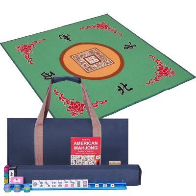 GUSTARIA American Mahjong Game Set, 166 Premium White Tiles, 4 All-in-One Color Rack/Pushers, Complete Mahjongg Set Blue Carrying Bag, Mahjong Mat(Green, 31.5 inches)