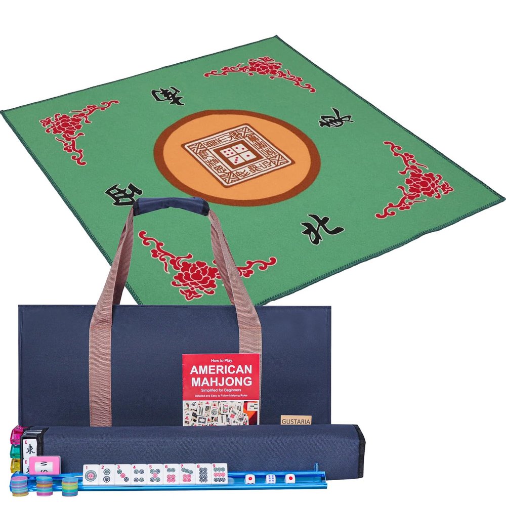 GUSTARIA American Mahjong Game Set, 166 Premium White Tiles, 4 All-in-One Color Rack/Pushers, Complete Mahjongg Set Blue Carrying Bag, Mahjong Mat(Green, 31.5 inches)