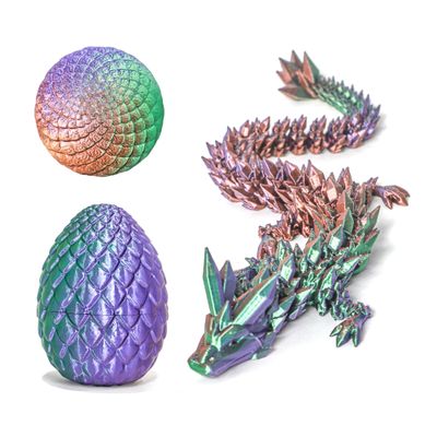Flavery 3D Printed Dragon in Egg - Green Purple Copper - 5.1 inch Tricolor Egg with Flexible Crystal Dragon Inside, Colorful Fidget Toy, Birthday Gift, Desk Pet Figure - 12 Dragon