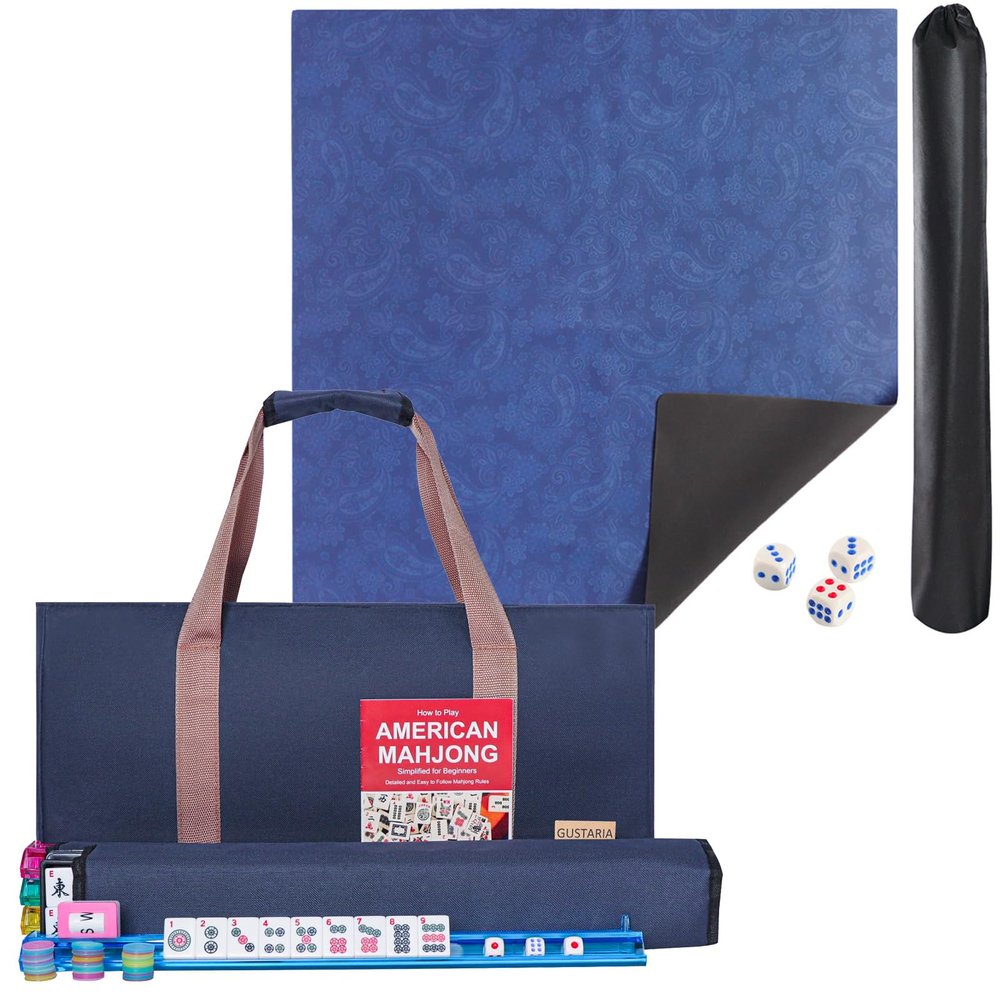 American Mahjong Game Set, 166 Premium White Tiles, 4 All-in-One Color Rack/Pushers, Complete Mahjongg Set Blue Carrying Bag, Mahjong Mat, Mahjong Table Mat with Prints & Extra Dice(Blue, 35 inches)