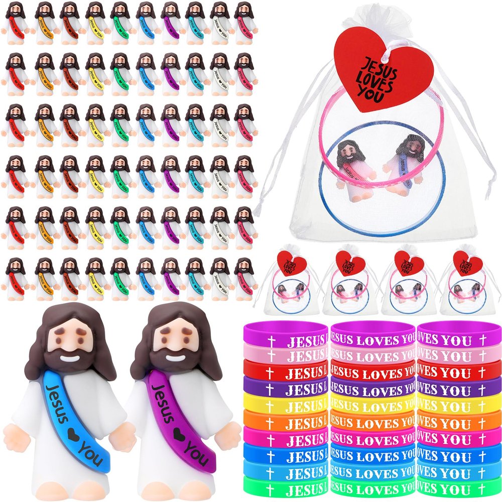 Bememo 150 Pcs Little Jesus Figures Bulk Mini Jesus Loves You Rubber Bracelets Easter Egg Stuffers Organza Bag Christ Wristbands for Sunday Church Hide Seek Religious Gift Adult(Vibrant Color)