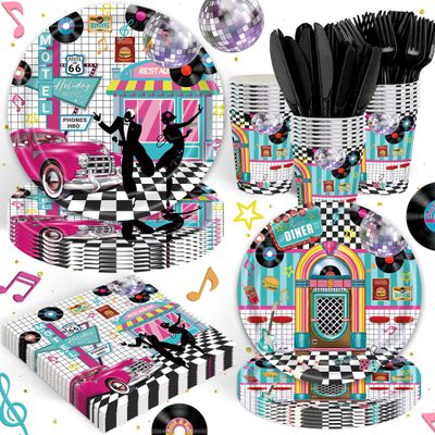 120pcs 50's Theme Party Supplies Back To 1950's Sock Hop Birthday Party Decoration Retro Rock And Roll Tableware Fabulous For Serves 20 Guests