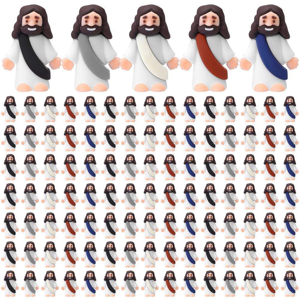 Bememo 100 Pcs Jesus Toys Original Design Mini Rubber Little Jesus Figurine to Hide and Seek Religious Party Favors Sunday School Craft Baptism Gifts for Easter Egg Stuffers (Dark Color)