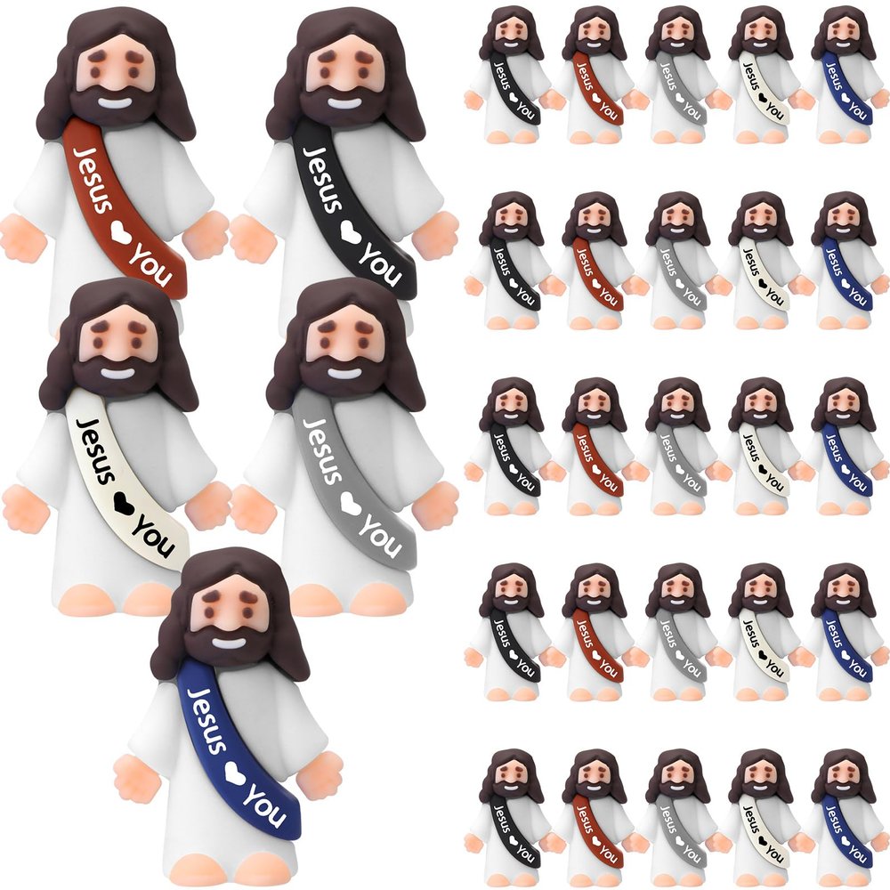 Bememo 25 Pcs Little Jesus Figures, Mini Jesus Loves You Figures, Original Design Multicolor Tiny Easter Figurines to Hide and Seek Religious Gifts for Easter Egg Stuffers(Retro Color)
