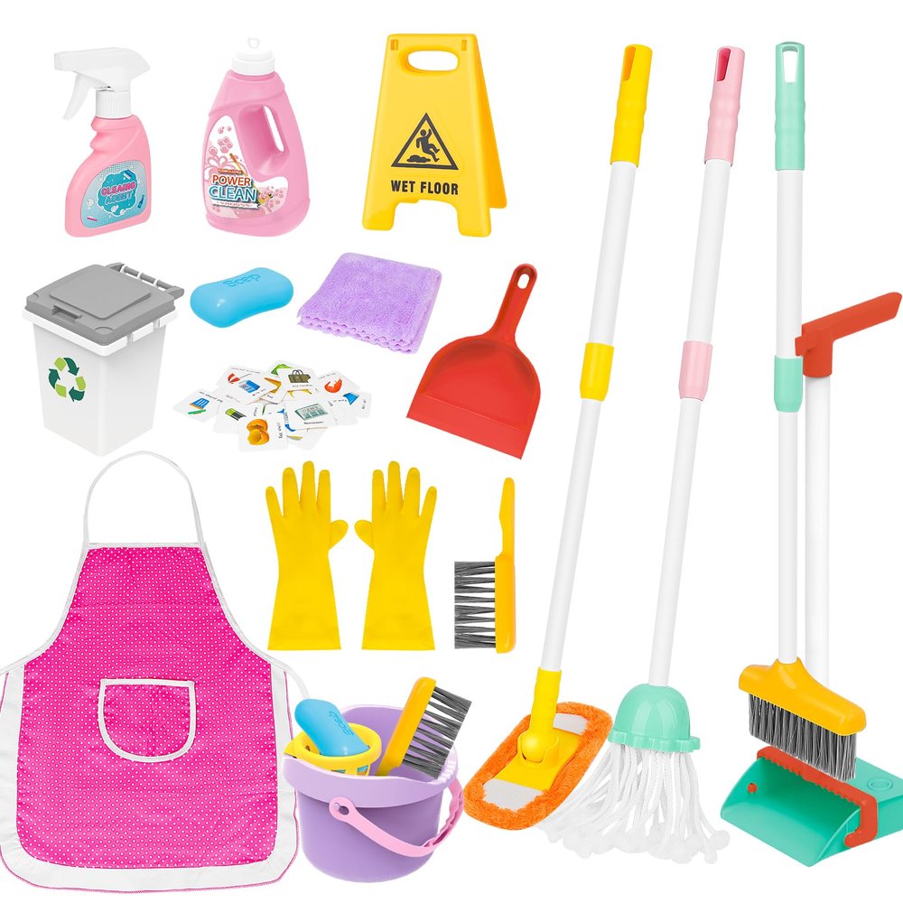 deAO Kids Cleaning Set 17 Pcs,Toy Cleaning Set Includes Broom,Mop,Brush,Dust Pan,Duster,Sponge,Clothes,Spray, Bucket, Caution Sign,Pretend Housekeeping Play Set