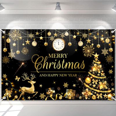 Avezano Merry Christmas Happy New Year Banner Christmas Black Gold Banner Happy New Year Backdrop Party Decorations