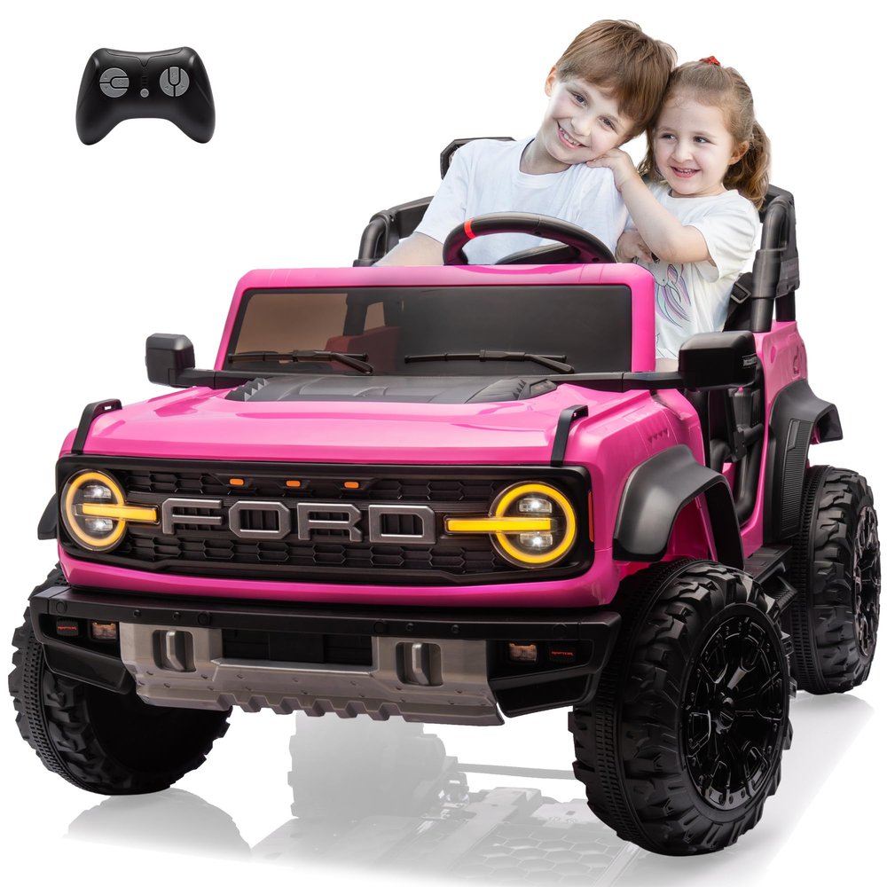 24v Ride On Toy for Big Kids,2-4.3 Mph,Ford Bronco Raptor Licensed Electric 2 Seater Ride On Car with Remote Control,Off-Road Wheels,Bluetooth Music Player,Spring Suspension,Safety Belts,Pink