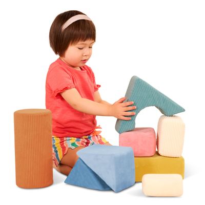 B. toys  Sensory Foam Building Blocks for Kids  8 Pieces Textured Stacking Toys for Babies 6 12 Months  Soft Geometric Shapes with Tactile Fabric Cover  Foam Blocks for Toddlers