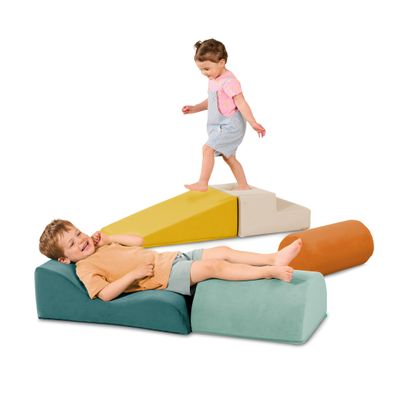 B. toys  Sensory Foam Shapes  5 Pieces Foam Building Set  Cylinder, Ramp, Stair, Wavy Ramp, Half  Cylinder  Removable & Machine  Washable Covers  12+ Months  WonderShapes