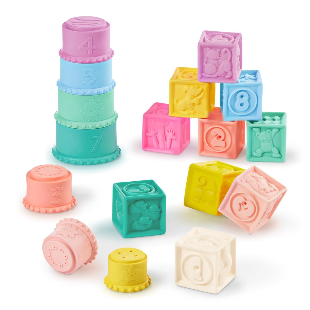 B. toys Sensory Baby Toys Soft Baby Blocks Stacking Drip Cups Numbers, Shapes & Animals 6+ Months Stackin' Squishies