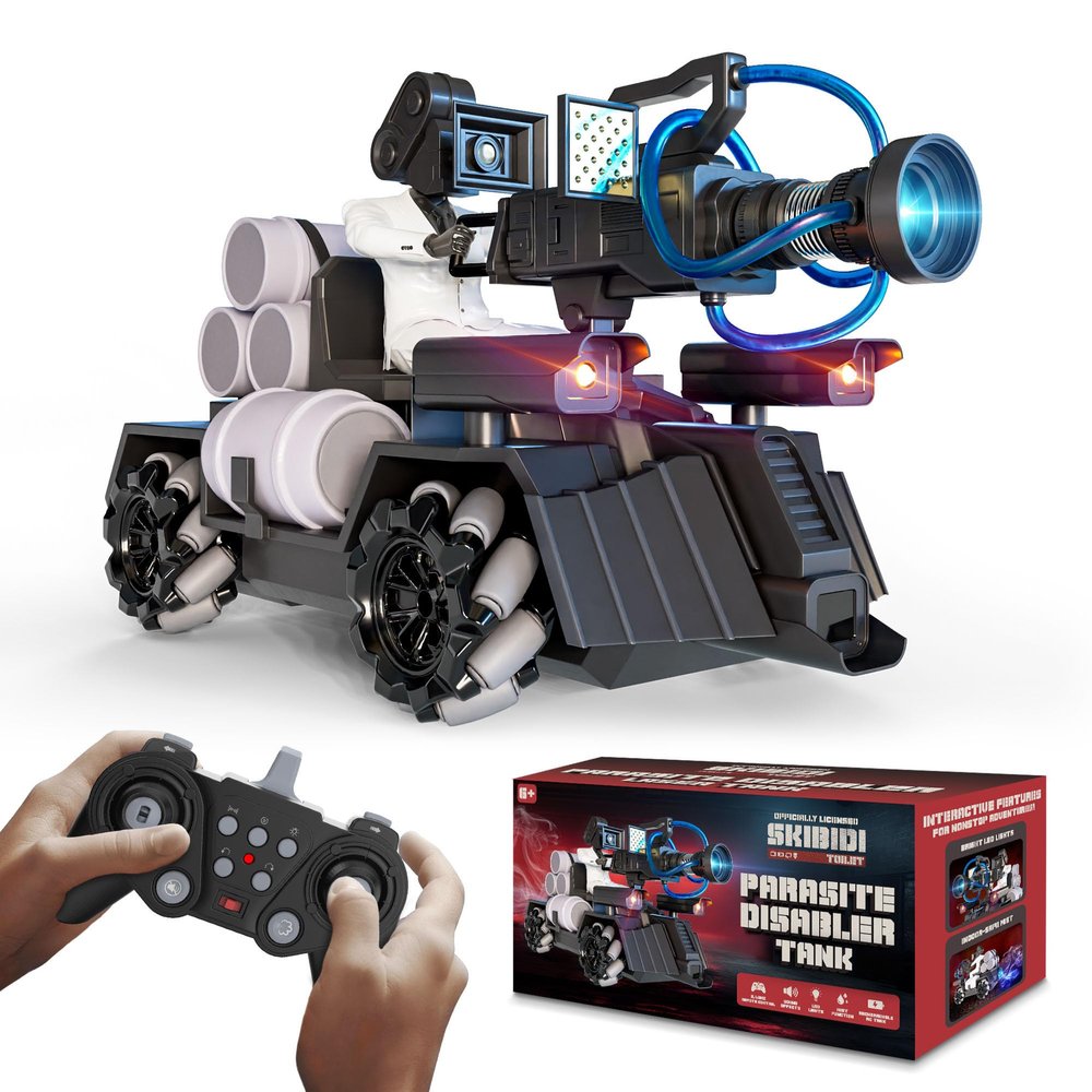 Force1 Officially Licensed Skibidi Toilet Toy Cameraman Figure PDLT Tank RC Truck- Parasite Disabler Tank Remote Control Car, Rechargeable RC Car with LED Lights, 2.4 GHz, Mist Spray, Beginner RC Cars