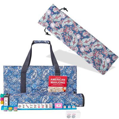 American Mahjong Game Set, 166 White Tiles, 4 All-in-One Color Rack/Pushers, Mahongg Tile Set with Blue Bag,Protective Sleeve for Mahjong Racks and PushersMahjongg Pusher Drawstring Bag(23.6 Inches
