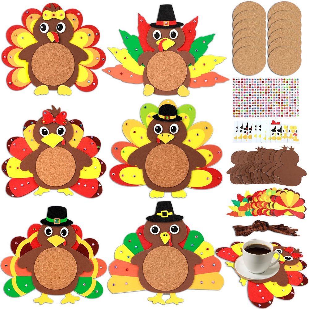 125pcs Turkey Coaster Craft Kits 12 Set Thanksgiving Foam Craft Kit DIY Make you own Turkey Table Cup Mats Fall Autumn Party Decor Supplies Favors for Fall Gift Home Kitchen Dining Activities