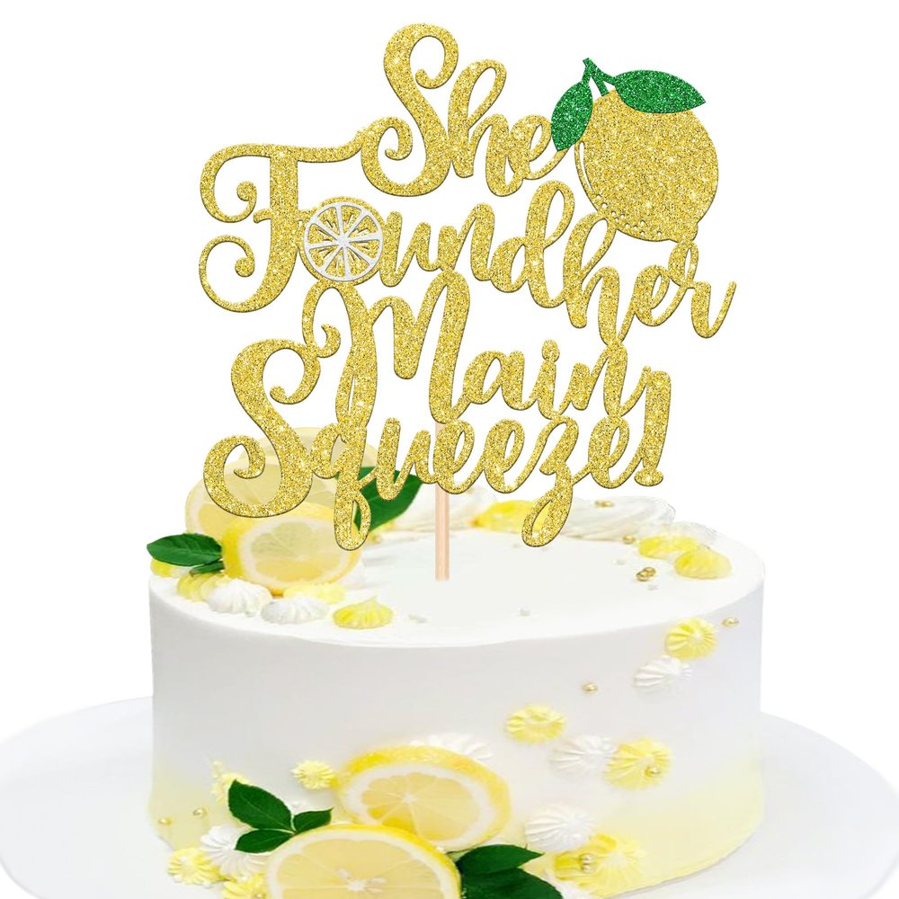 1 PCS She Found Her Main Squeeze Cake Topper Glitter Fruit Lemon Bridal Shower Cake Pick Decoration for Lemon Theme Wedding Engagement Bridal Shower Bachelorette Party Cake Decorations Supplies