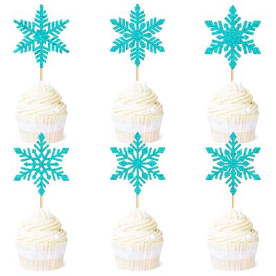 24Pcs Glitter Blue Snowflake Cupcake Topper Winter Frozen Snowflake Decors