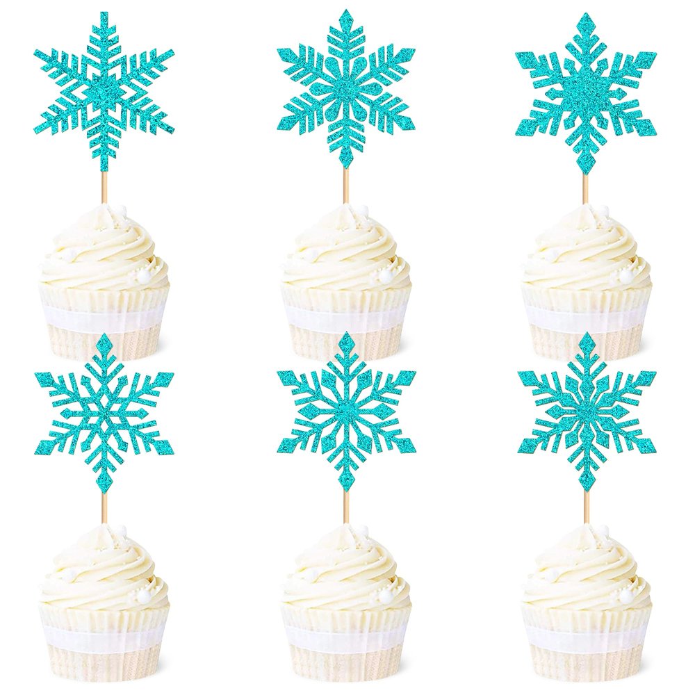 24Pcs Glitter Blue Snowflake Cupcake Topper Winter Frozen Snowflake Decors