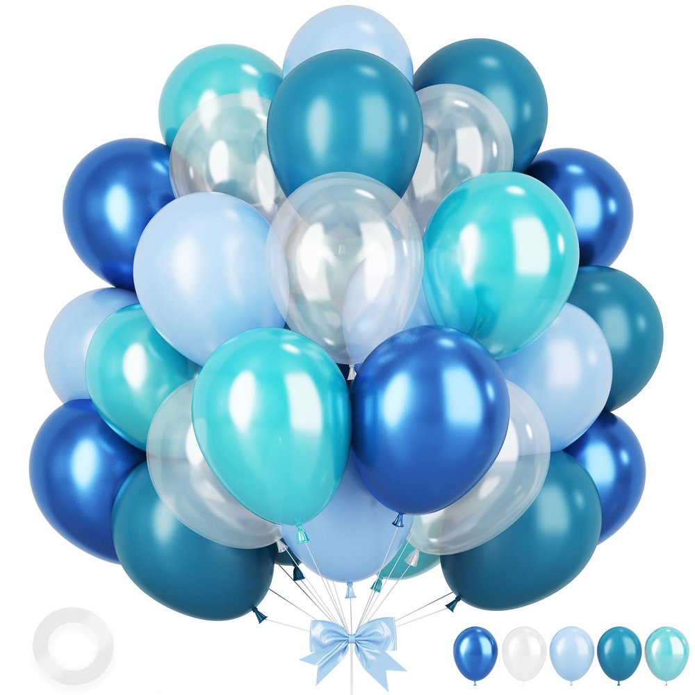 Ocean Themed Party Balloons, 12 Inches Turquoise Teal Blue Clear Metallic Balloons for Ocean Shark Sea Themed Pool Party Baby Shower Birthday Beach Decorations