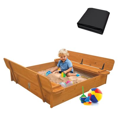 RUNSHED Wooden Sandbox with Cover, 48x48 Inch Large Outdoor Sand Box for Kids Ages 4-8, Cedar Wood Sandpit with Foldable Bench Seats & Bottom Liner