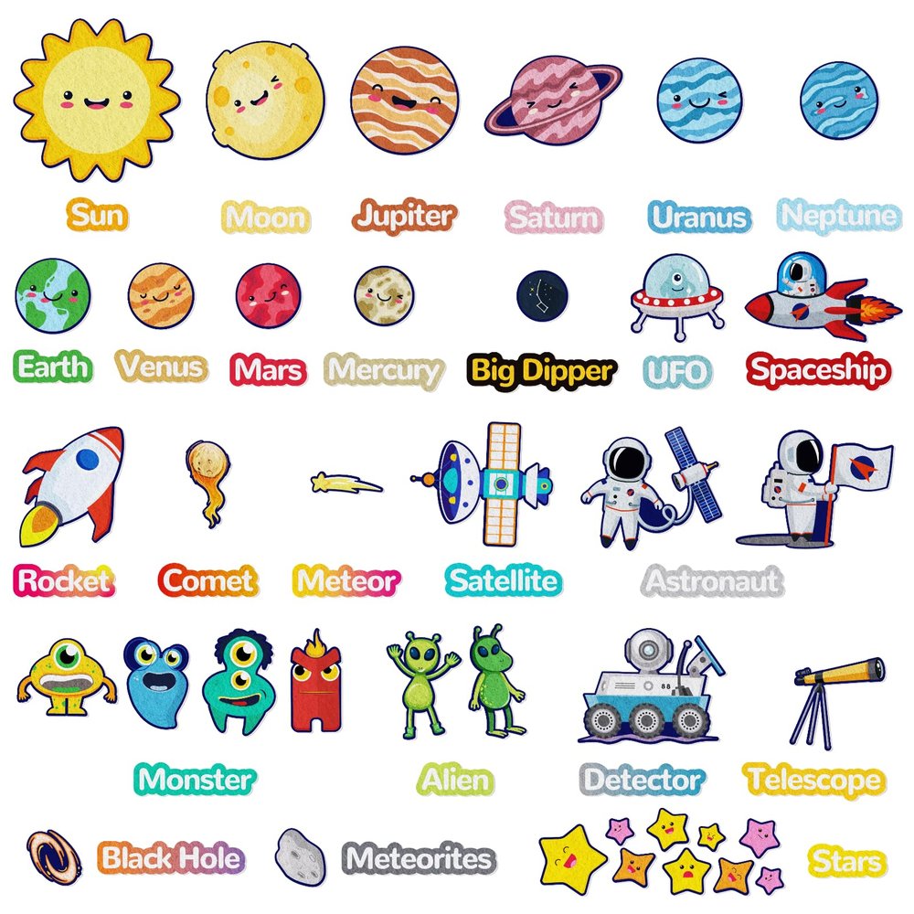 CHEFAN Outer Space Felt Board Pieces, Solar System Prect Flannel Pieces, Universe Planets with Words Felt Figures for Toddlers, Interactive Storytelling Teaching Play Kits for Preschool, Homeschool