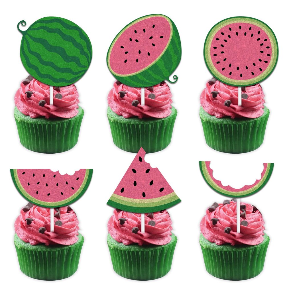 18pcs Pink Glitter Watermelon Dessert Cupcake Topper Pick for Fruit Watermelon Summer Tropical Fruit Watermelon Theme Decor Supplies Baby Shower Men Woman Boys Girls Happy Birthday Party Decorations