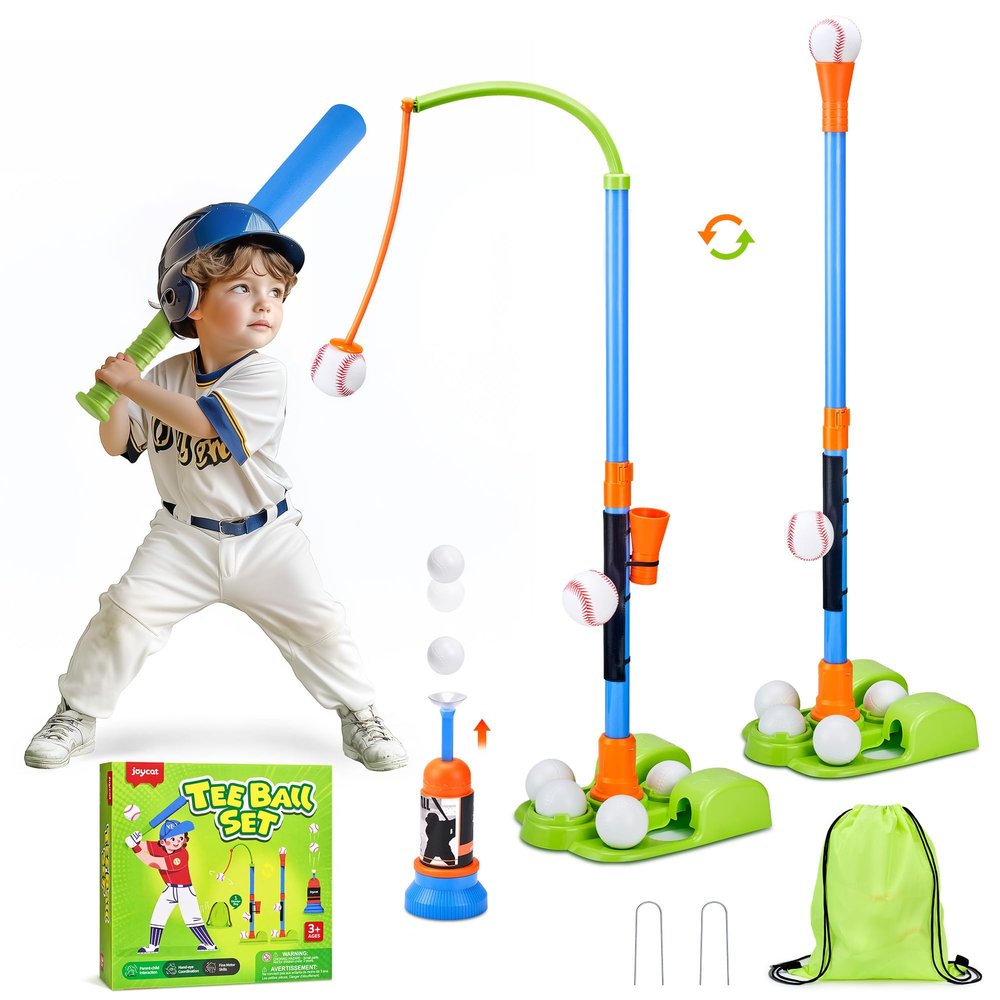 JoyCat 3-in-1 T Ball Set for Kids 3-5,Toddler Baseball Set-T Ball Stand,Hanging Tee,Auto Launcher,6 Balls-Adjustable Height Sports&Outdoor/Indoor Toys for 3 4 5 6 7 8 Year Old Boy Girl Birthday Gift