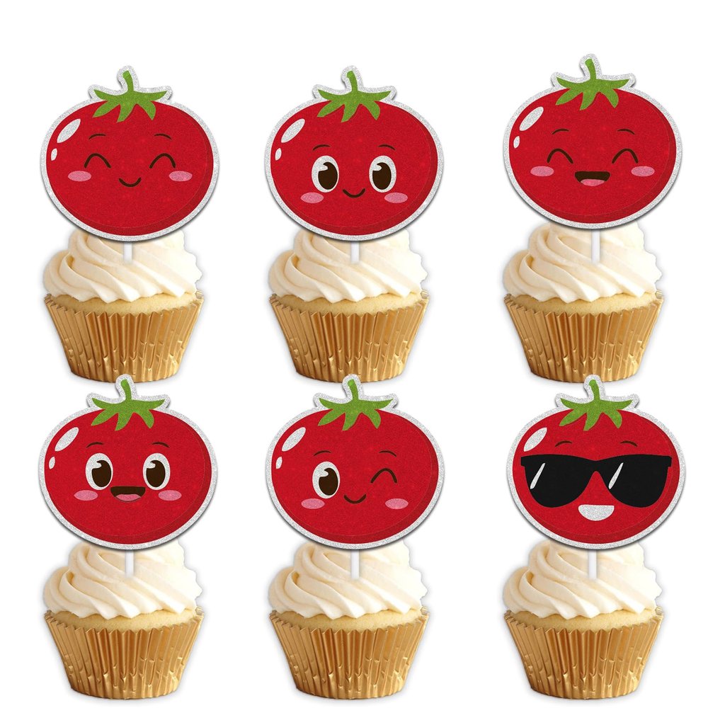 18pcs Red Glitter Cute Tomato Dessert Cupcake Topper Funny Vegetable Theme Decor Supplies Baby Shower Boys Girls Happy Birthday Announce Pregnancy Party Decorations