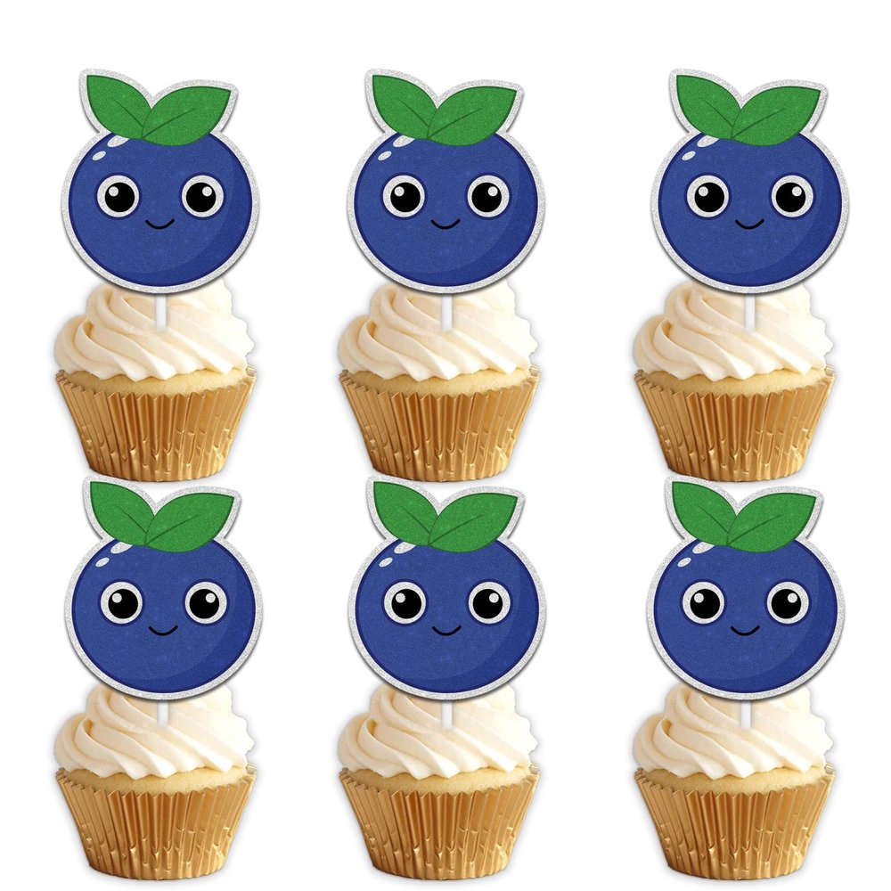 18pcs Blue Glitter Cute Blueberry Dessert Cupcake Topper Pick for Funny Fruit Theme Decor Supplies Baby Shower Men Women Boys Girls Happy Birthday Party Decorations