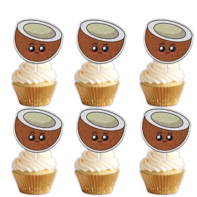 18pcs Brown Glitter Cute Coconut Dessert Cupcake Topper Pick for Summer Hawaiian Tropical Fruit Theme Decor Supplies Baby Shower Men Women Boys Girls Happy Birthday Party Decorations