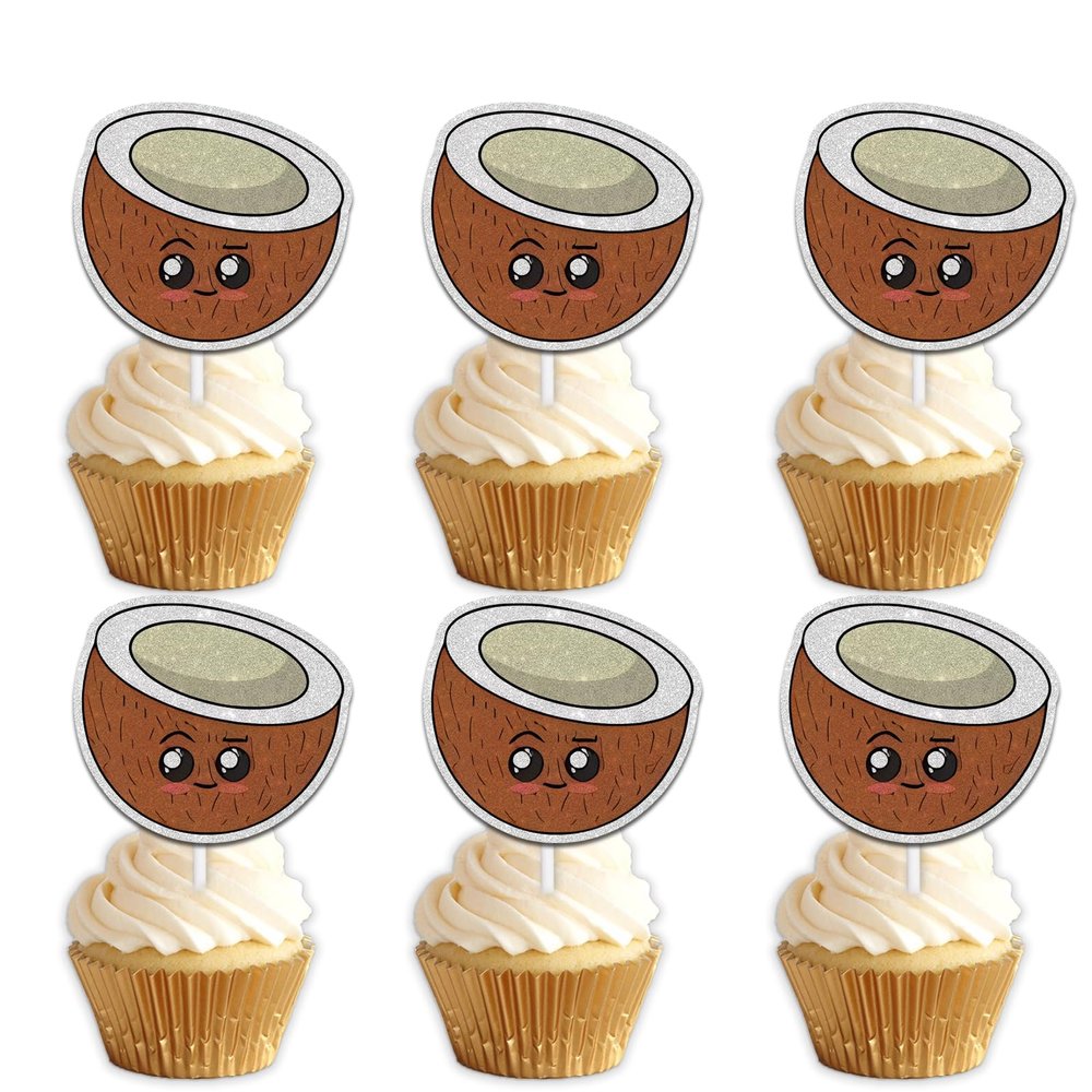 18pcs Brown Glitter Cute Coconut Dessert Cupcake Topper Pick for Summer Hawaiian Tropical Fruit Theme Decor Supplies Baby Shower Men Women Boys Girls Happy Birthday Party Decorations