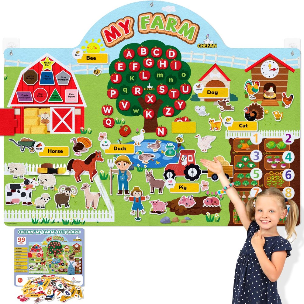 CHEFAN 99 Pcs Farm Animals Felt Story Board Set, 3.9 Ft Preschool Farmhouse Barnyard Theme Flannel Board Storytelling Early Learning, Interactive Wall Hanging Play Set for Toddlers Kids Children