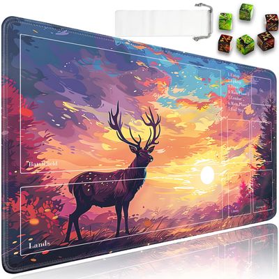 JVGFYNKL for TCG Playmat with Zones, 24x14 in Non-Slip Rubber for MTG Playmat with Drawstring Travel Pouch and 6 Dice, for MTG Mat, Cute Deer Landscape Pattern Card Game Playmats