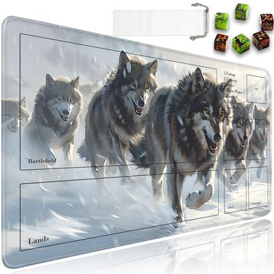 JVGFYNKL for TCG Playmat with Zones, 24x14 in Non-Slip Rubber for MTG Playmat with Drawstring Travel Pouch and 6 Dice, for MTG Mat, Arctic Wolf Pattern Card Game Playmats