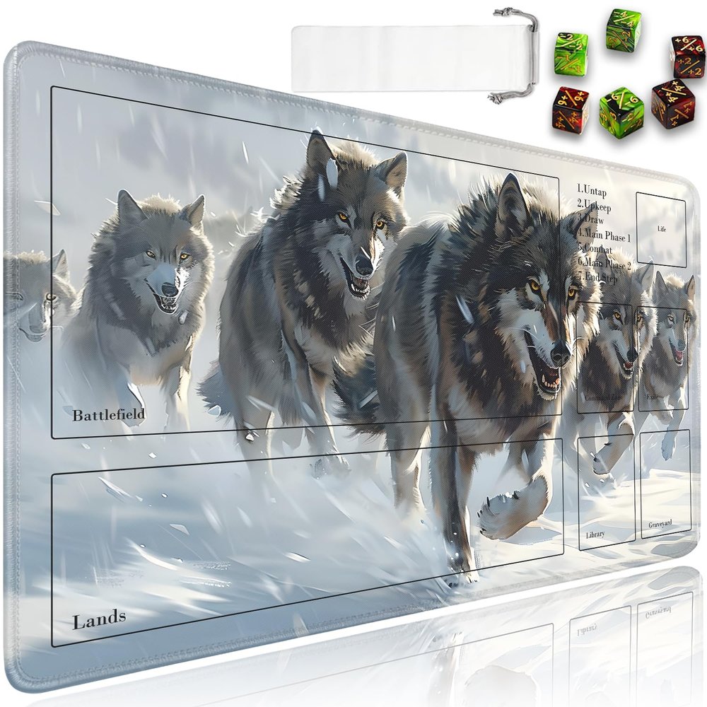 JVGFYNKL for TCG Playmat with Zones, 24x14 in Non-Slip Rubber for MTG Playmat with Drawstring Travel Pouch and 6 Dice, for MTG Mat, Arctic Wolf Pattern Card Game Playmats
