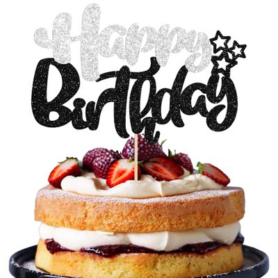 Ephlyn 1Pcs Happy Birthday Cake Topper Glitter Cake Pick for Celebrating Anniversary Theme Party Cake Decorations Supplies Black and Silver