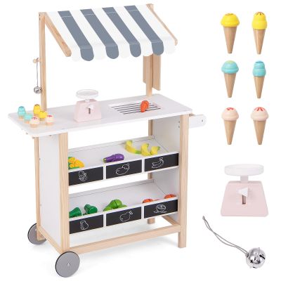 GLACER Ice Cream Cart for Kids - Wood Grocery Store Pretend Play with Making Counter, Produce Scale, Chalkboard, Bell, Wheels, Canopy, Portable Ice Cream Stand for Boys Girls (White)