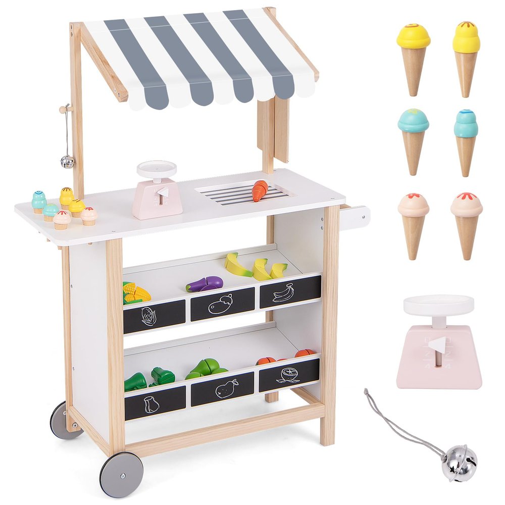 GLACER Ice Cream Cart for Kids - Wood Grocery Store Pretend Play with Making Counter, Produce Scale, Chalkboard, Bell, Wheels, Canopy, Portable Ice Cream Stand for Boys Girls (White)