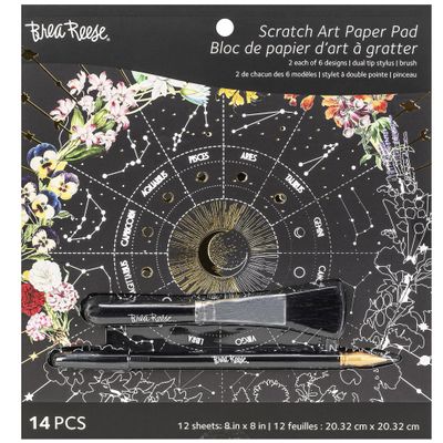 Brea Reese: Scratch Art Paper Pad - Whimsical Celestial - 12 Designs, 8x8 Pages, Metallic Guided Art Kit, Adult Craft Activity, Mindful Relaxation