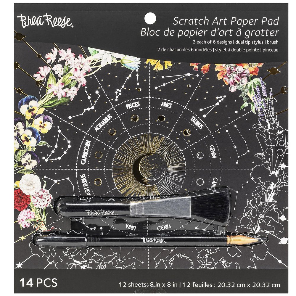Brea Reese: Scratch Art Paper Pad - Whimsical Celestial - 12 Designs, 8x8 Pages, Metallic Guided Art Kit, Adult Craft Activity, Mindful Relaxation
