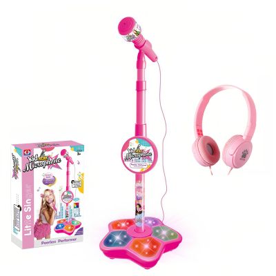 Kids Karaoke Microphone with Adjustable Stand,Standing Mic for Portable Singing, Retractable Headset for Music Sing-along,Flashing Stage Light Base for Aged 3-6 Boys Girls Pink
