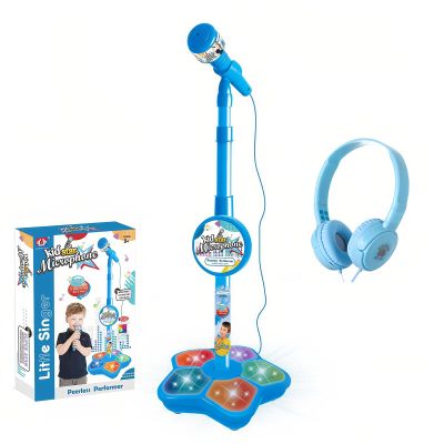 Kids Karaoke Microphone with Adjustable Stand,Standing Mic for Portable Singing, Retractable Headset for Music Sing-along,Flashing Stage Light Base for Aged 3-6 Boys Girls Blue