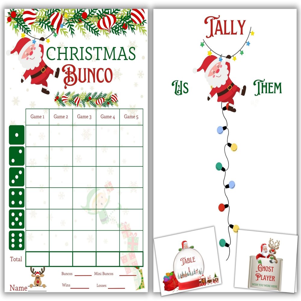 Christmas Bunco Kit - Christmas Winter Bunco - Bunco Score Sheets - Holiday Themed Bunco - Scorecards - Tally Sheets - Ghost Player - Holiday Bunco - Bunco Game Kit for Game Night Party - Large Group