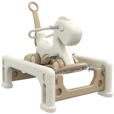 Qaba 5 in 1 Kids Rocking Horse for Toddlers, Kids Spring Rocking Toy Balance Bike Push Cart with Detachable Base, Horse-Shaped Rocker with Safety Guardrails, Footrests, Push Handle, Cream White