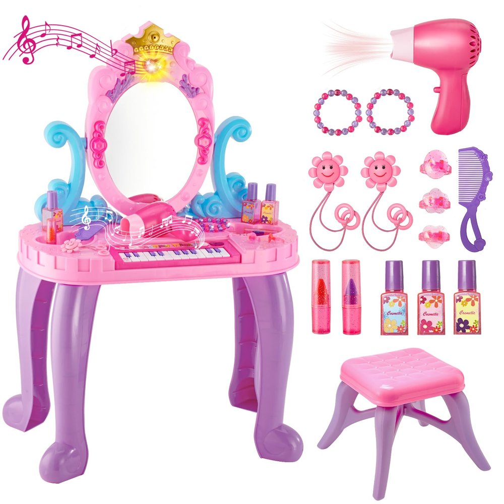 Vanity Makeup Table Toy for Kids, Toddler Girl Pretend Play Makeup Accessories- Princess Dress Up Set, Music Piano & Lights, Adjustable Mirror, Hairdryer, Mermaid Table & Chair Kit, Birthday Gift
