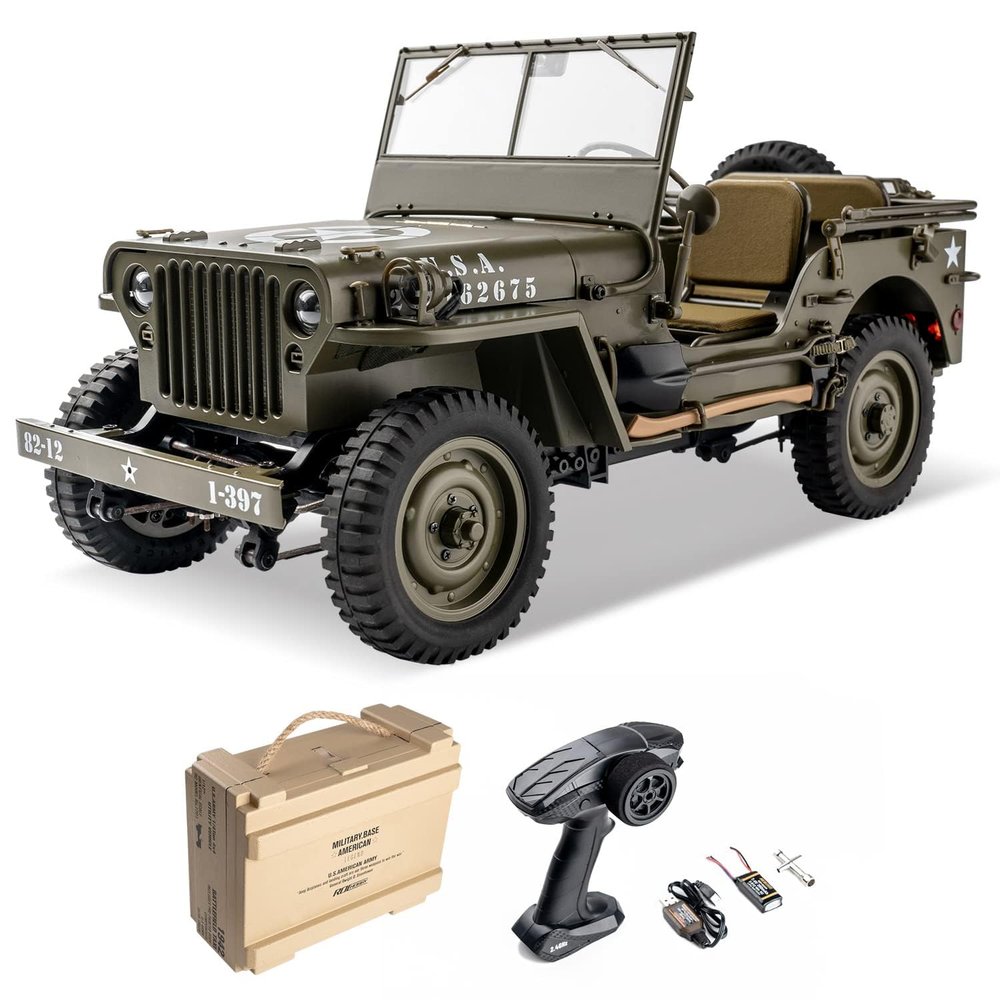 FCX RocHobby 1/12 1941 MB Scaler RC Jeep, 4x4 Hobby Grade RTR RC Car Mini RC Rock Crawler Military, RC Truck with 180 Brushed Motor, LED Lights for Adults
