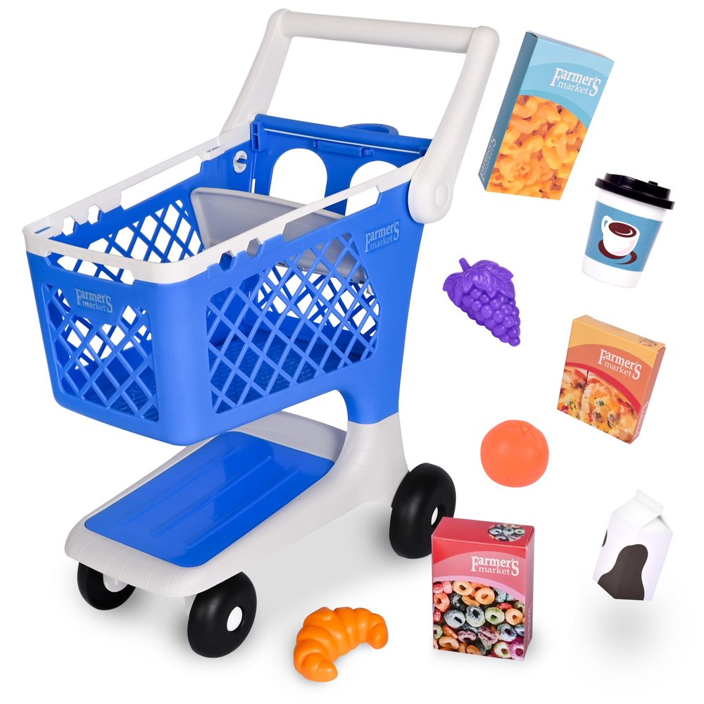 Let's Go Shopping Pretend Scan & Sort Shopping Cart, Sturdy Plastic, Includes Pretend Food, Blue Shopping Cart for Kids Age 2+